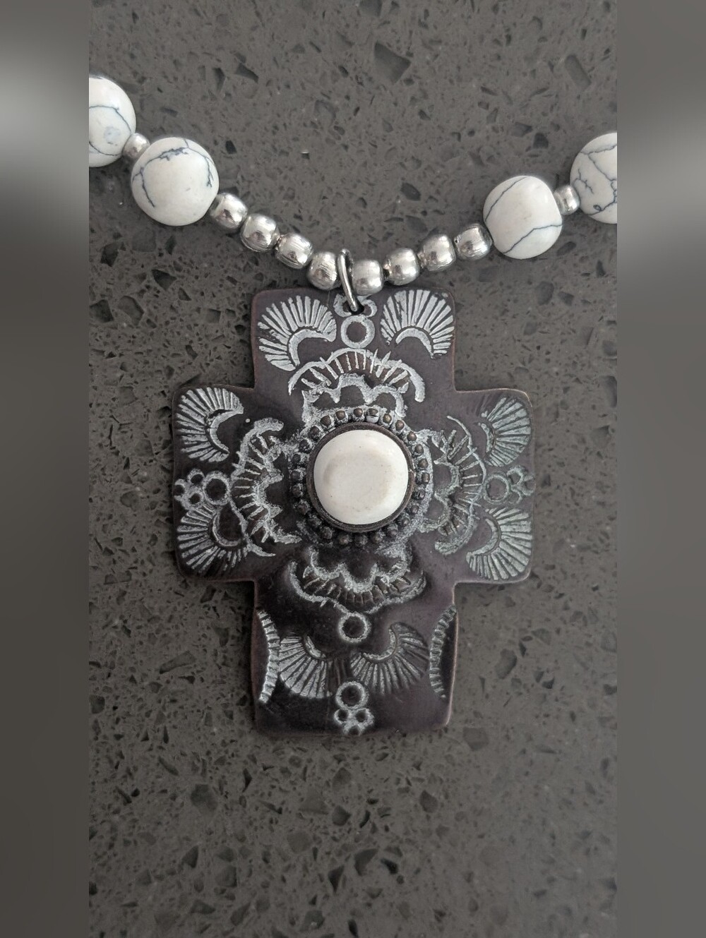 White Howlite Beaded Cross Necklace with Tan Cord - Picture 3 of 5